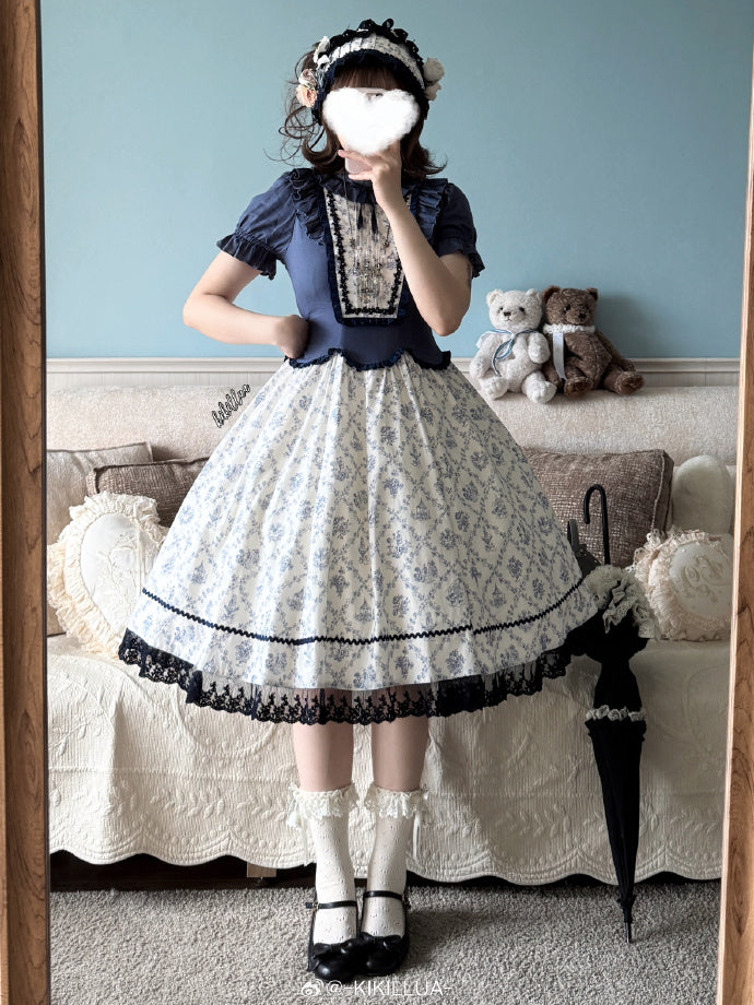 【受注予約7/16まで】花影の午後 くすみカラーの小花プリント切替ワンピース