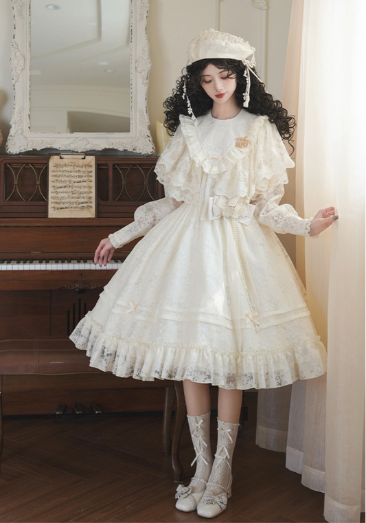 Flower Melody ハープ刺繍の長袖ワンピースとボレロ