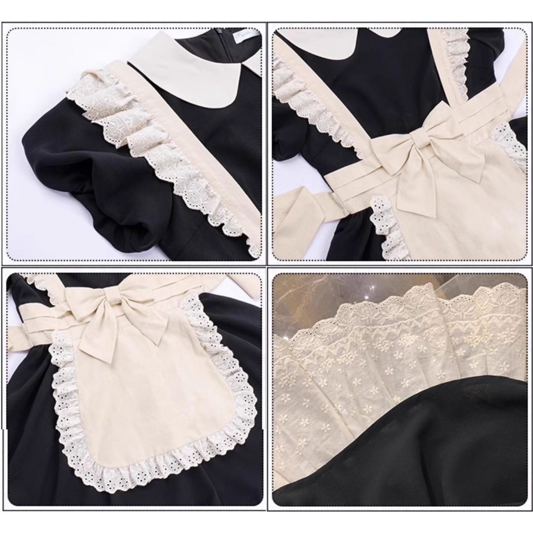 【unaちゃん着用】クラシカルエプロンのメイド風ワンピース ロング丈 アームスリーブ付き