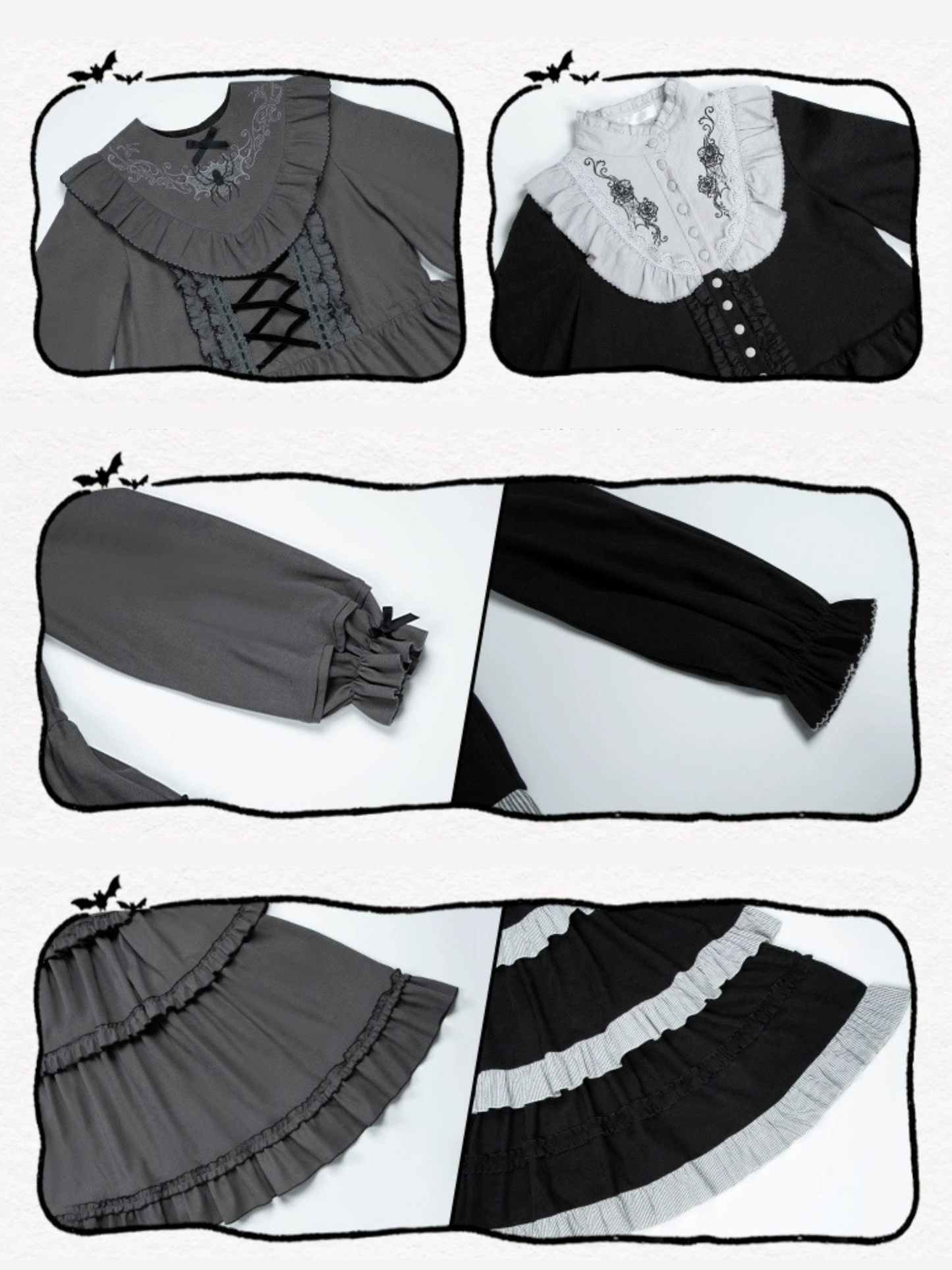 Monochrome Night 蜘蛛刺繍グレーワンピースとエプロン