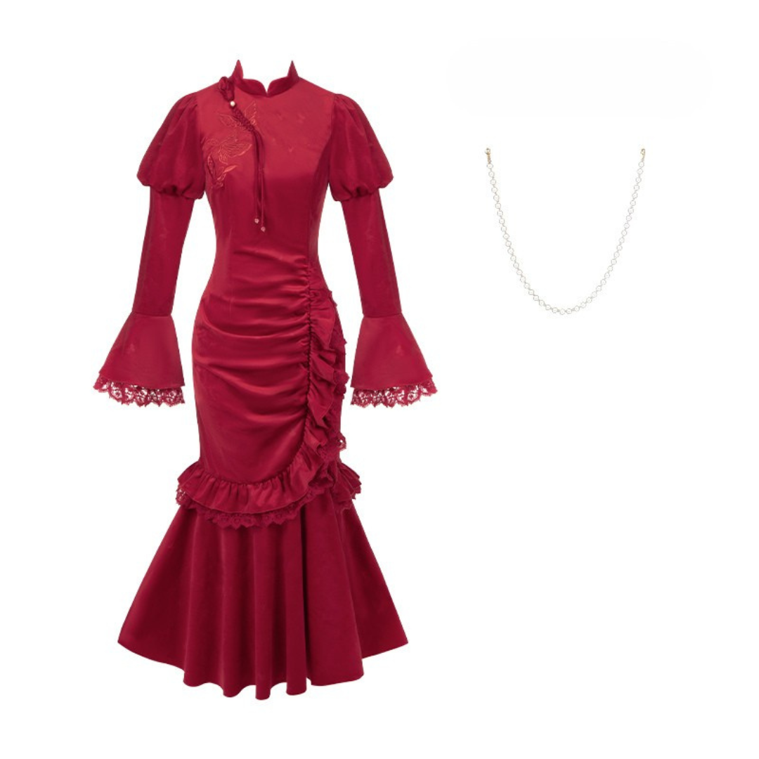 紅蝶 バタフライ刺繍のチャイナ風ドレス