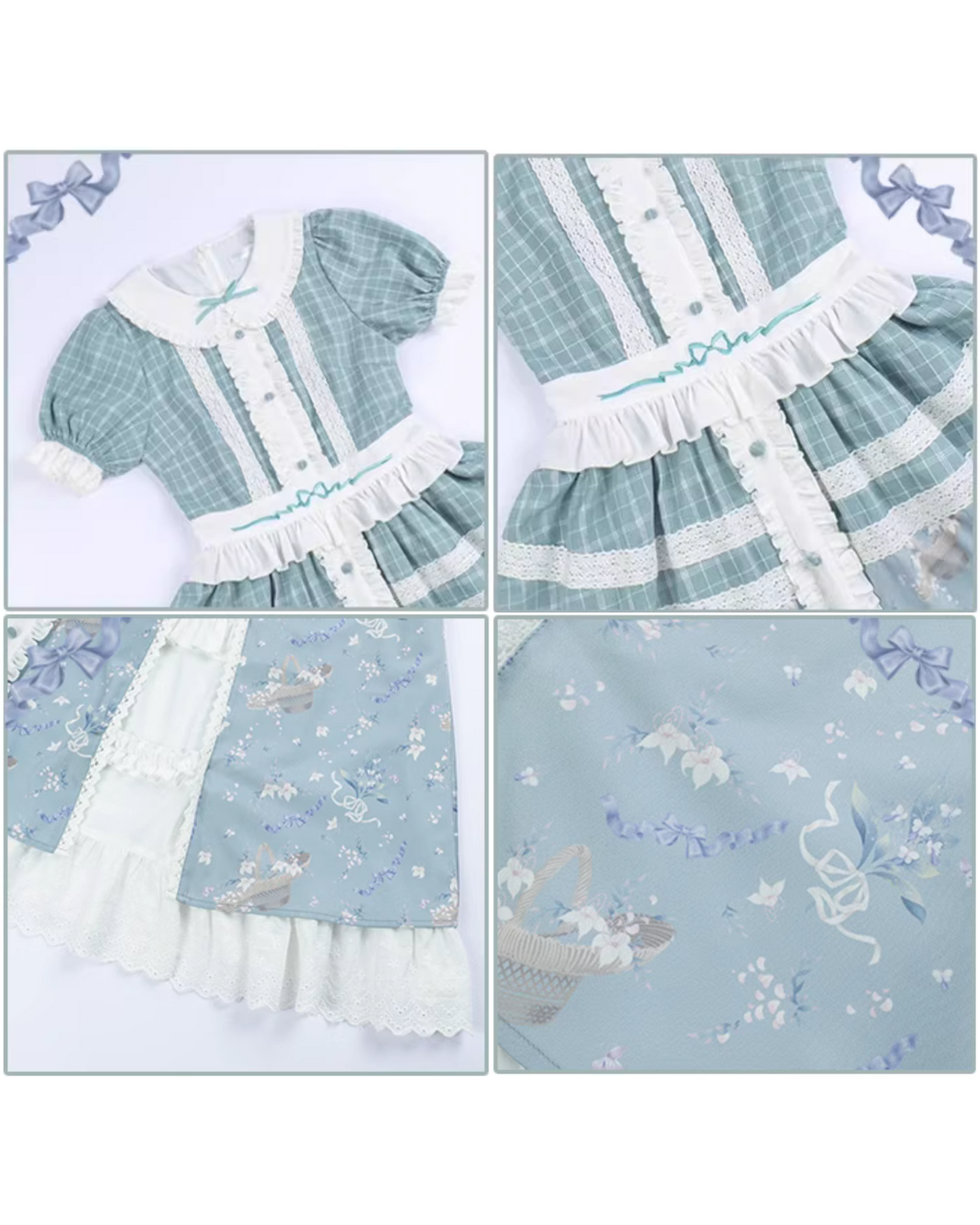 白百合とチェックのパフスリーブワンピース