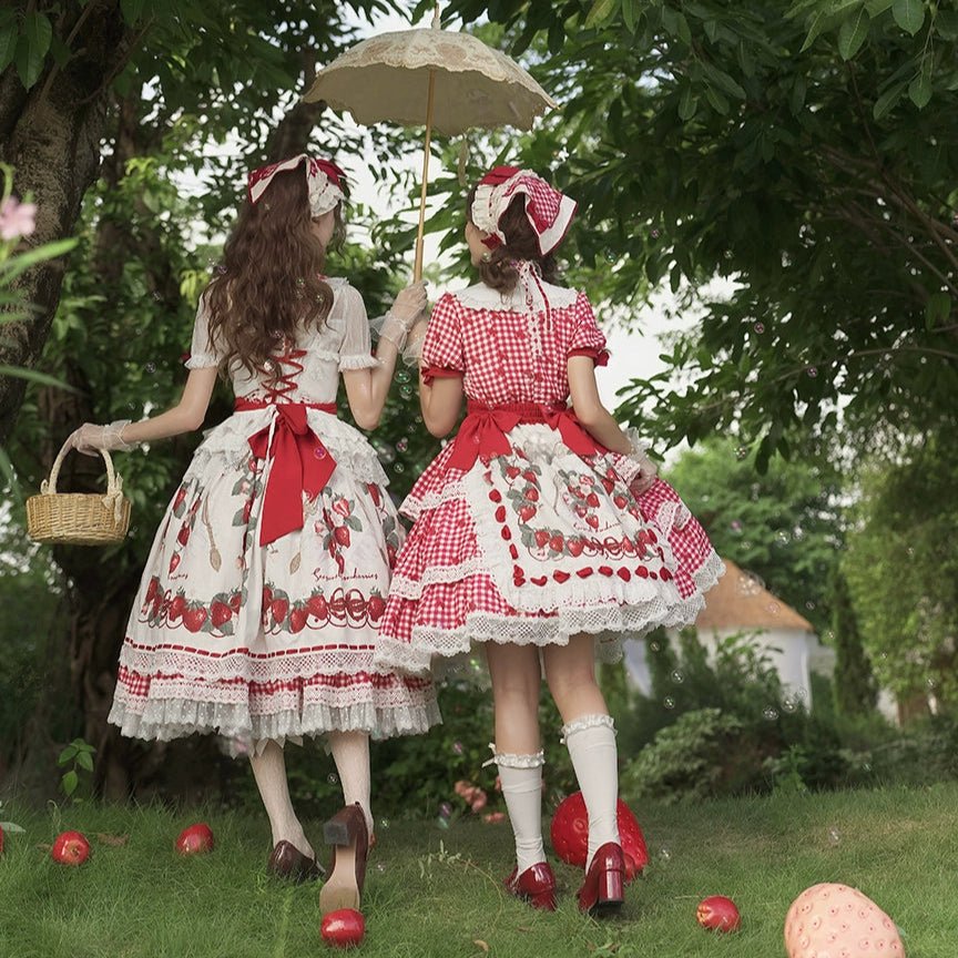 【受注予約8/18まで】Strawberry Sunshine Picnic カントリー風ワンピースとエプロン・ミドル丈