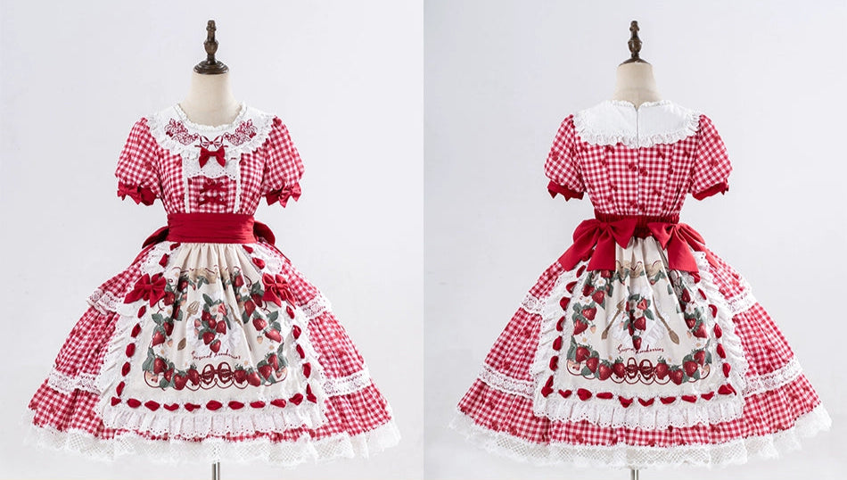 【受注予約8/18まで】Strawberry Sunshine Picnic カントリー風ワンピースとエプロン・ミドル丈
