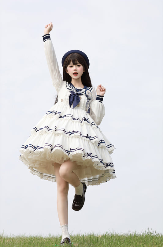 【受注予約4/28まで】セーラー襟と3段フリルの2wayマリンワンピース・ホワイト・ミドル丈