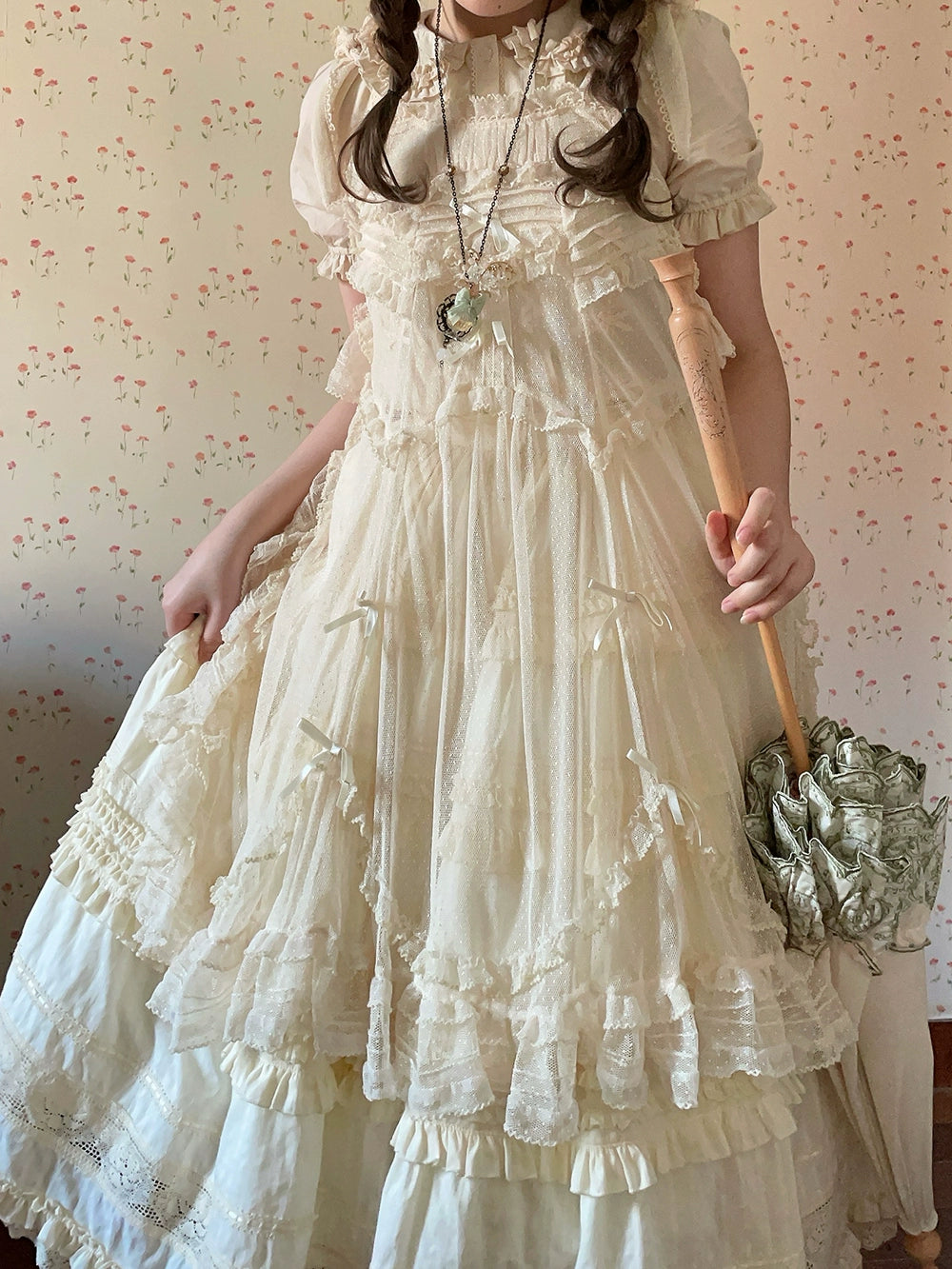 【予約販売】猫の薔薇お茶会 前開きフリルスカート 無地タイプ