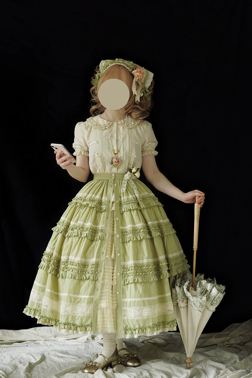 【予約販売】猫の薔薇お茶会 前開きフリルスカート 無地タイプ