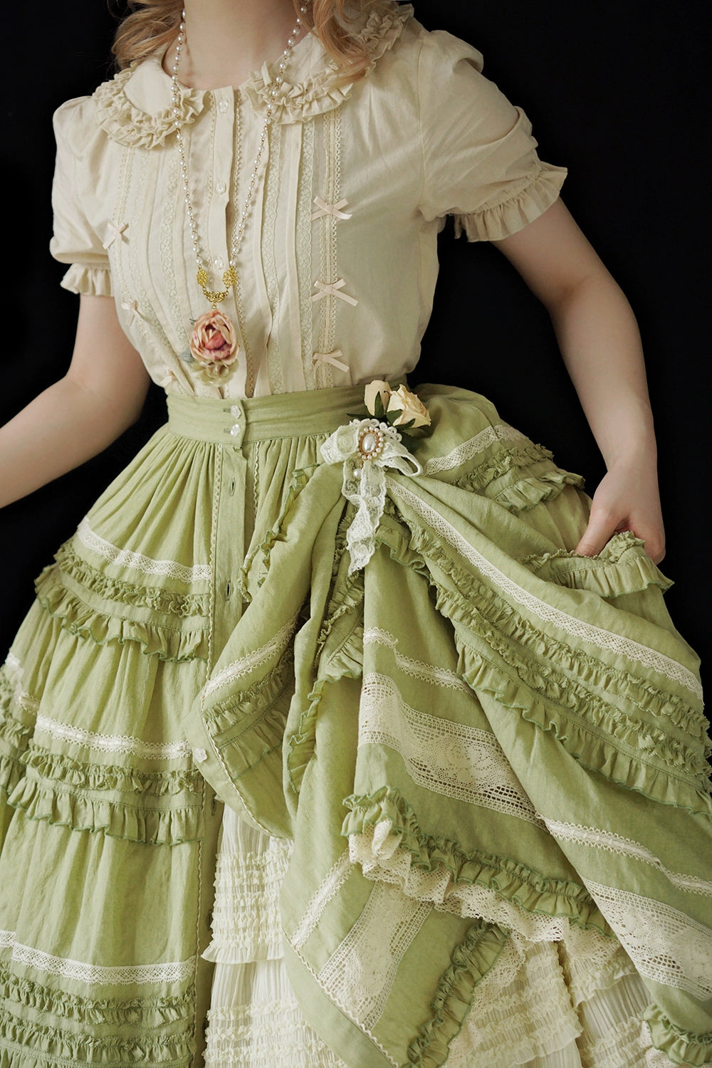 【予約販売】猫の薔薇お茶会 前開きフリルスカート 無地タイプ