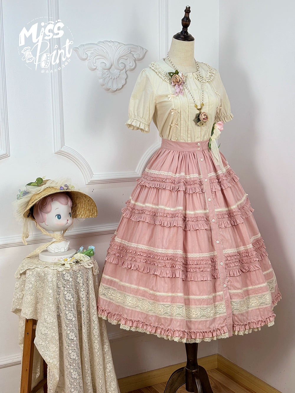 【予約販売】猫の薔薇お茶会 前開きフリルスカート 無地タイプ