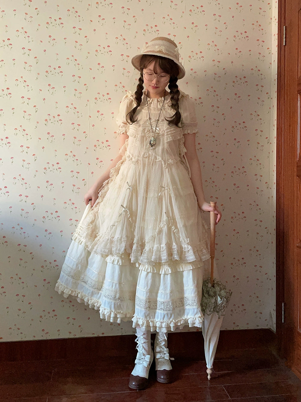 【予約販売】猫の薔薇お茶会 前開きフリルスカート 無地タイプ