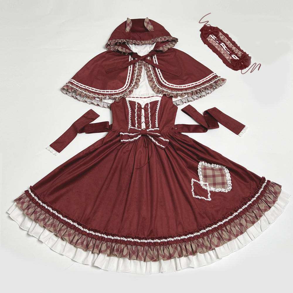 レトロガーリージャンパースカート エプロンとケープ付き 全2色