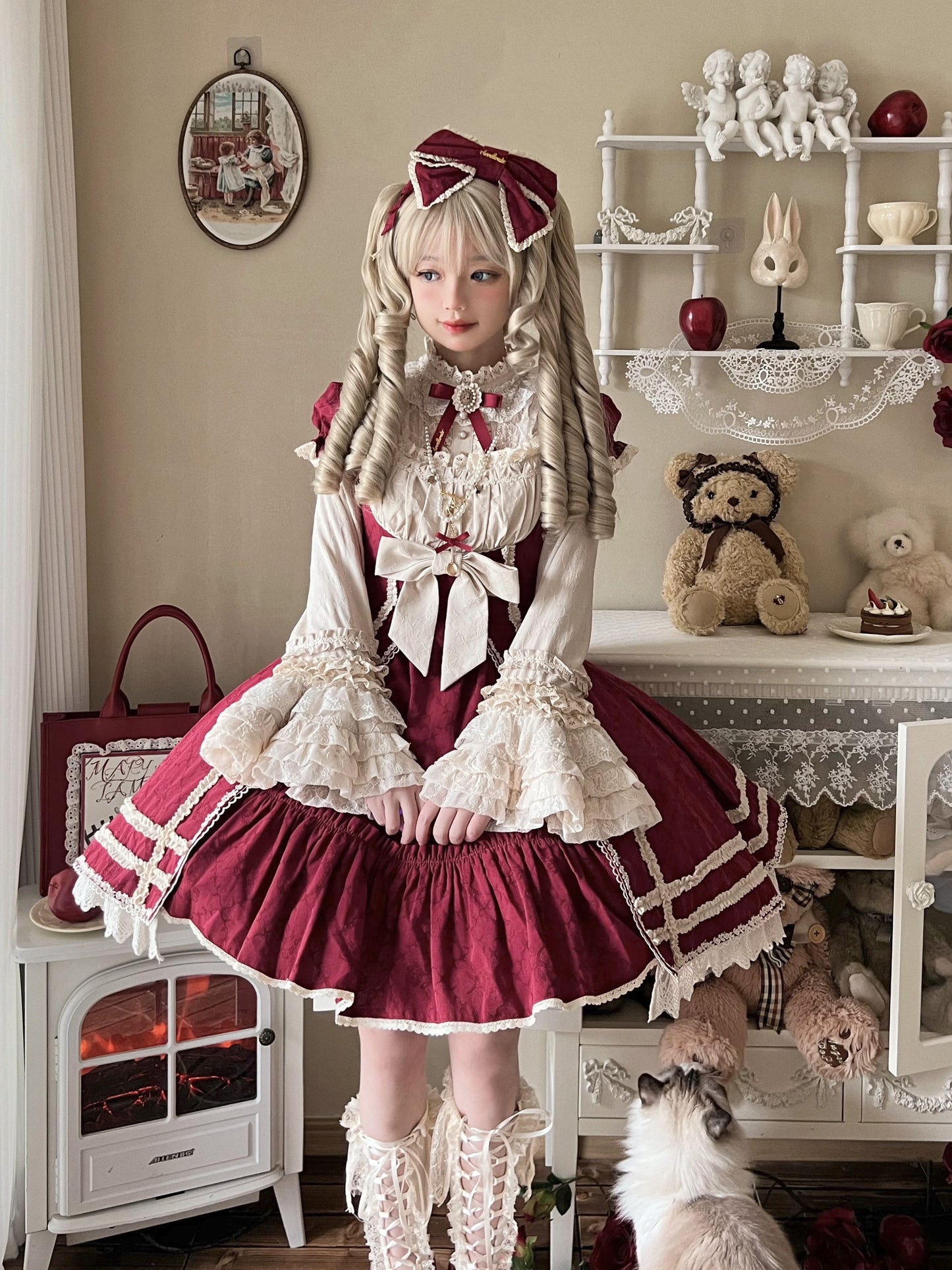 Rose pattern cotton jacquard princess sleeve blouse