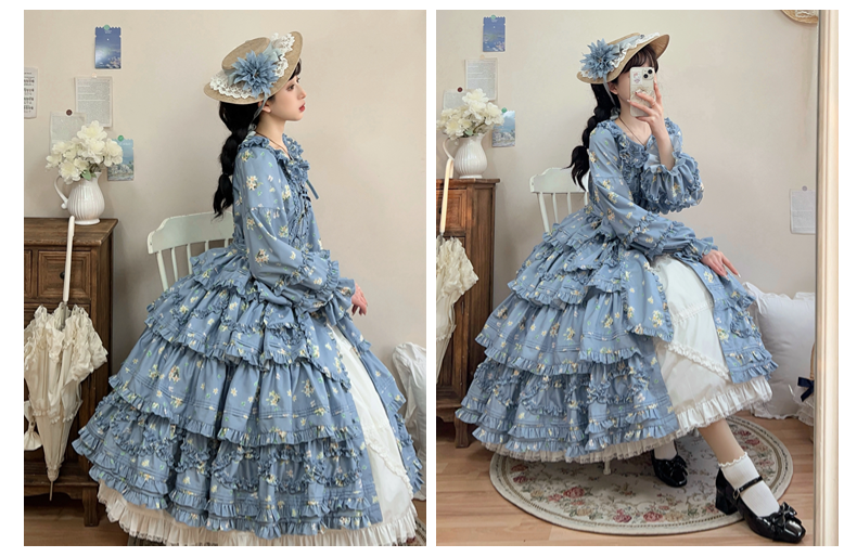 Fragments of Flowers 長袖ティアードワンピース・サックス