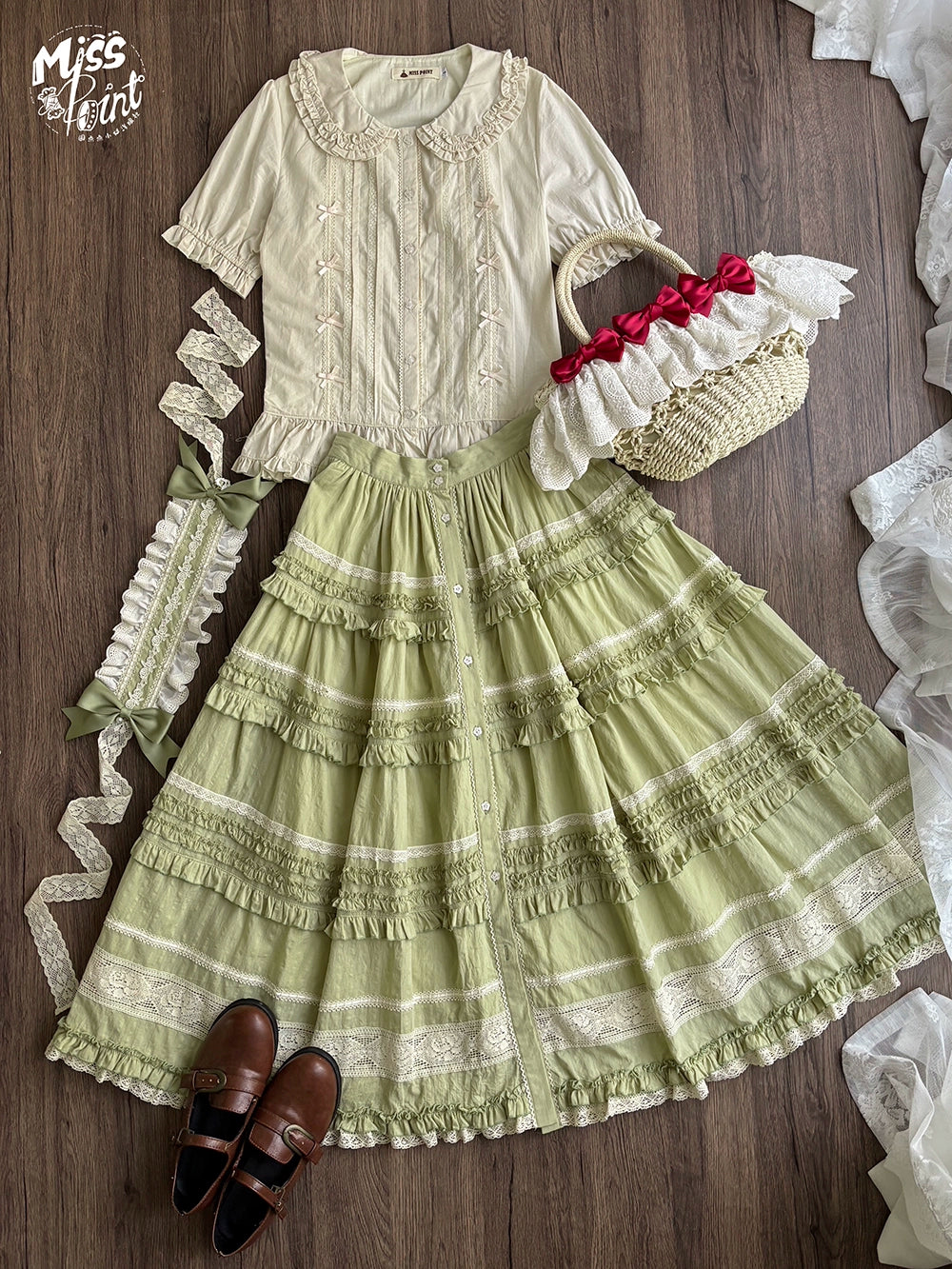 【予約販売】猫の薔薇お茶会 前開きフリルスカート 無地タイプ