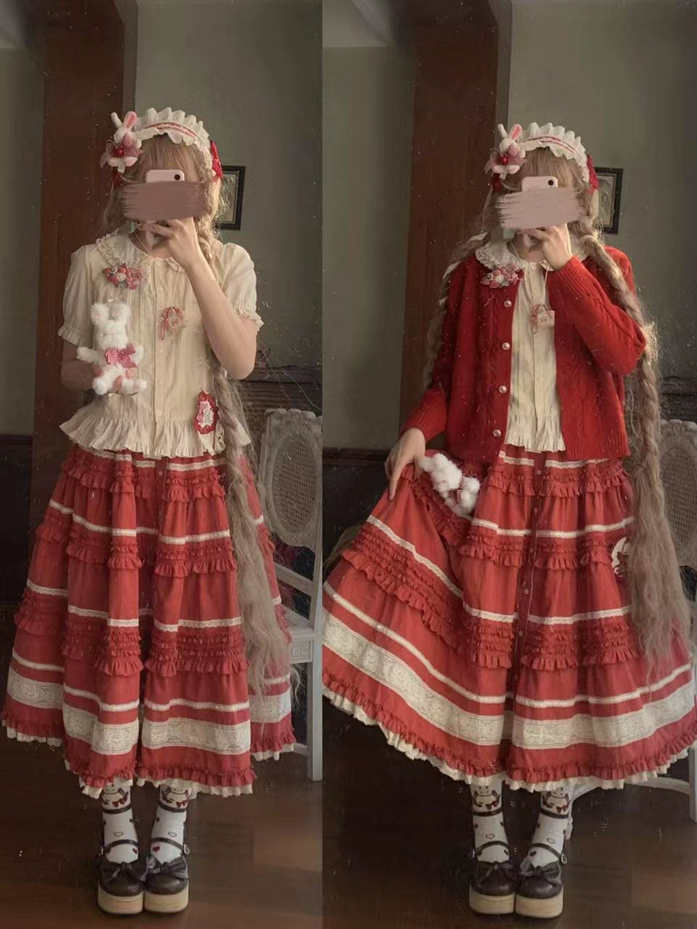 【予約販売】猫の薔薇お茶会 前開きフリルスカート 無地タイプ