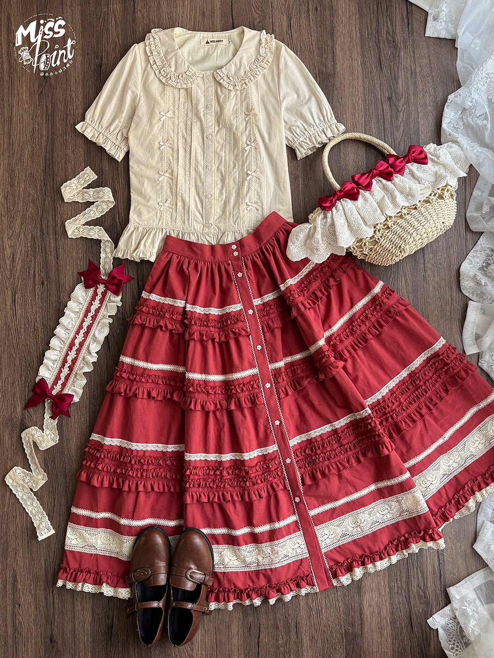 【予約販売】猫の薔薇お茶会 前開きフリルスカート 無地タイプ