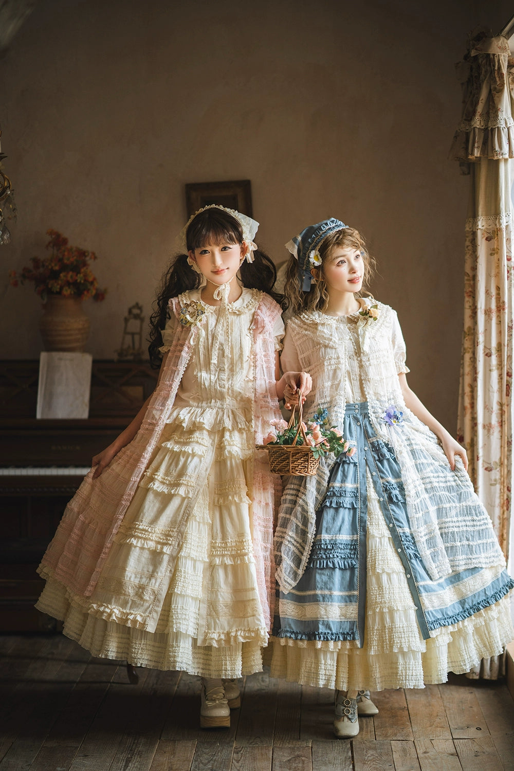 【予約販売】猫の薔薇お茶会 前開きフリルスカート 無地タイプ