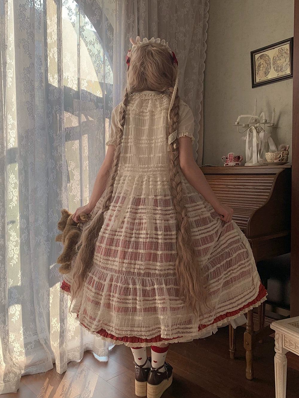 【予約販売】猫の薔薇お茶会 前開きフリルスカート 無地タイプ