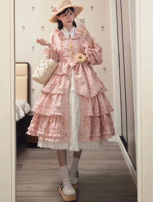 Fragments of Flowers 長袖ティアードワンピース・ピンク