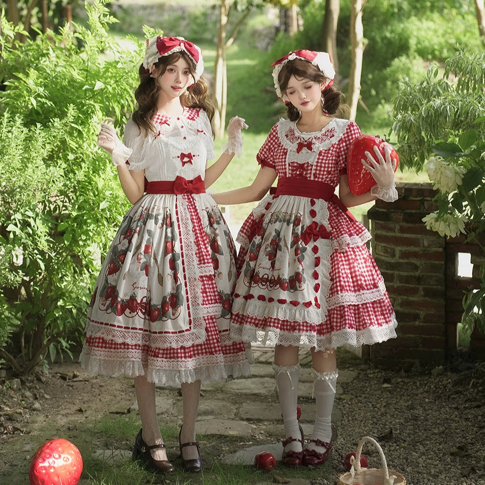 【受注予約8/18まで】Strawberry Sunshine Picnic カントリー風ワンピースとエプロン・ミドル丈