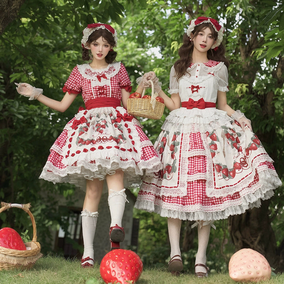 【受注予約8/18まで】Strawberry Sunshine Picnic カントリー風ワンピースとエプロン・ミドル丈