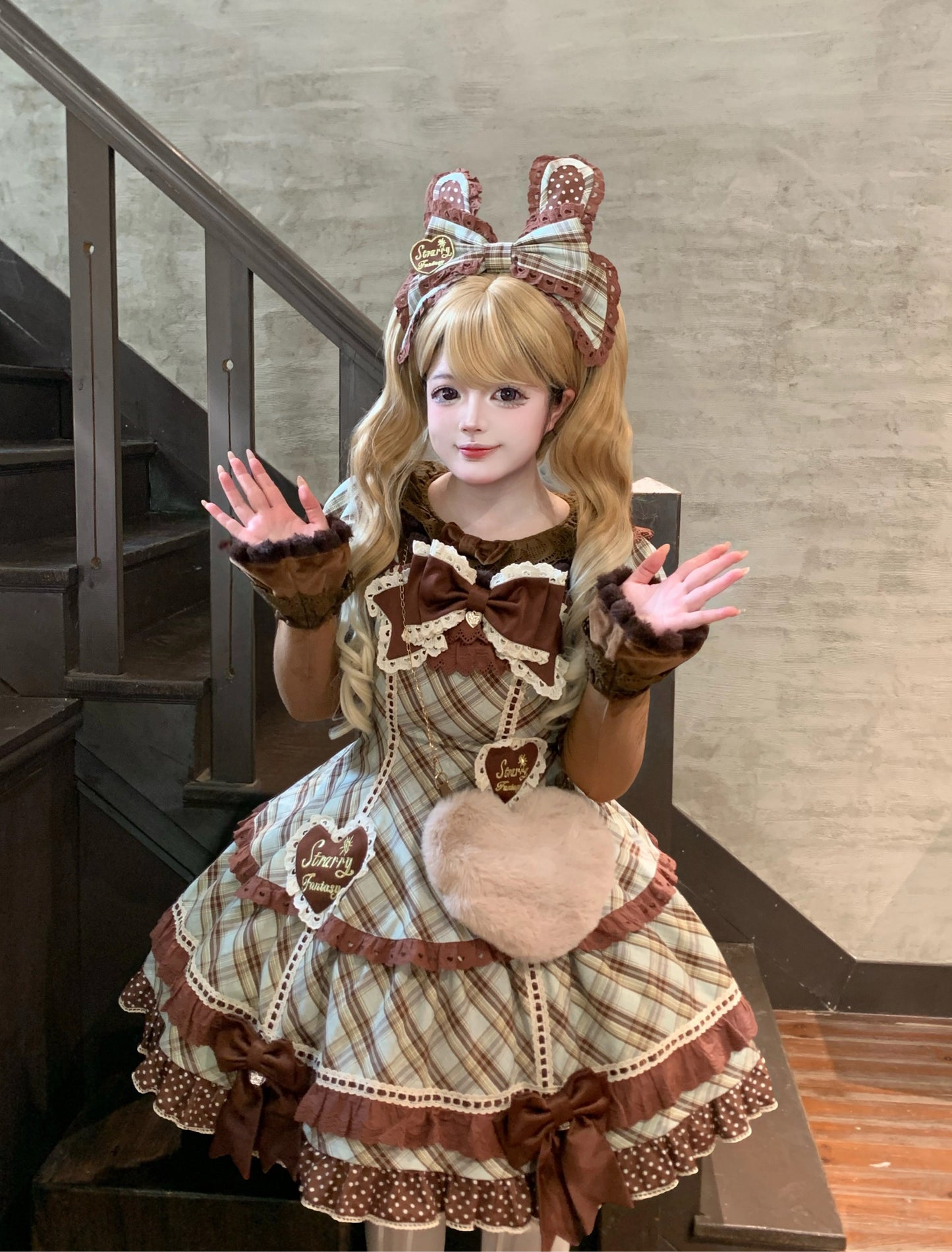 【受注予約11/13まで】Velvet Sweetie Heart チェックの半袖ワンピース・ブラウン