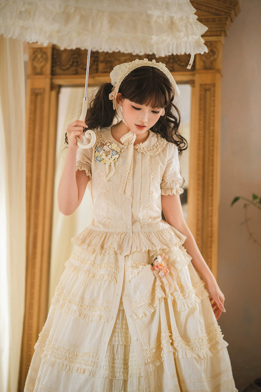 【予約販売】猫の薔薇お茶会 前開きフリルスカート 無地タイプ