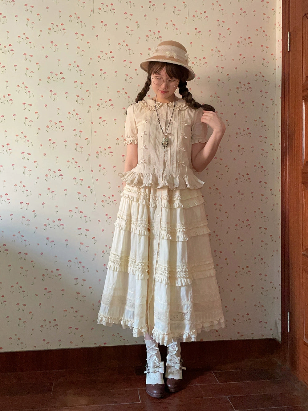 【予約販売】猫の薔薇お茶会 前開きフリルスカート 無地タイプ