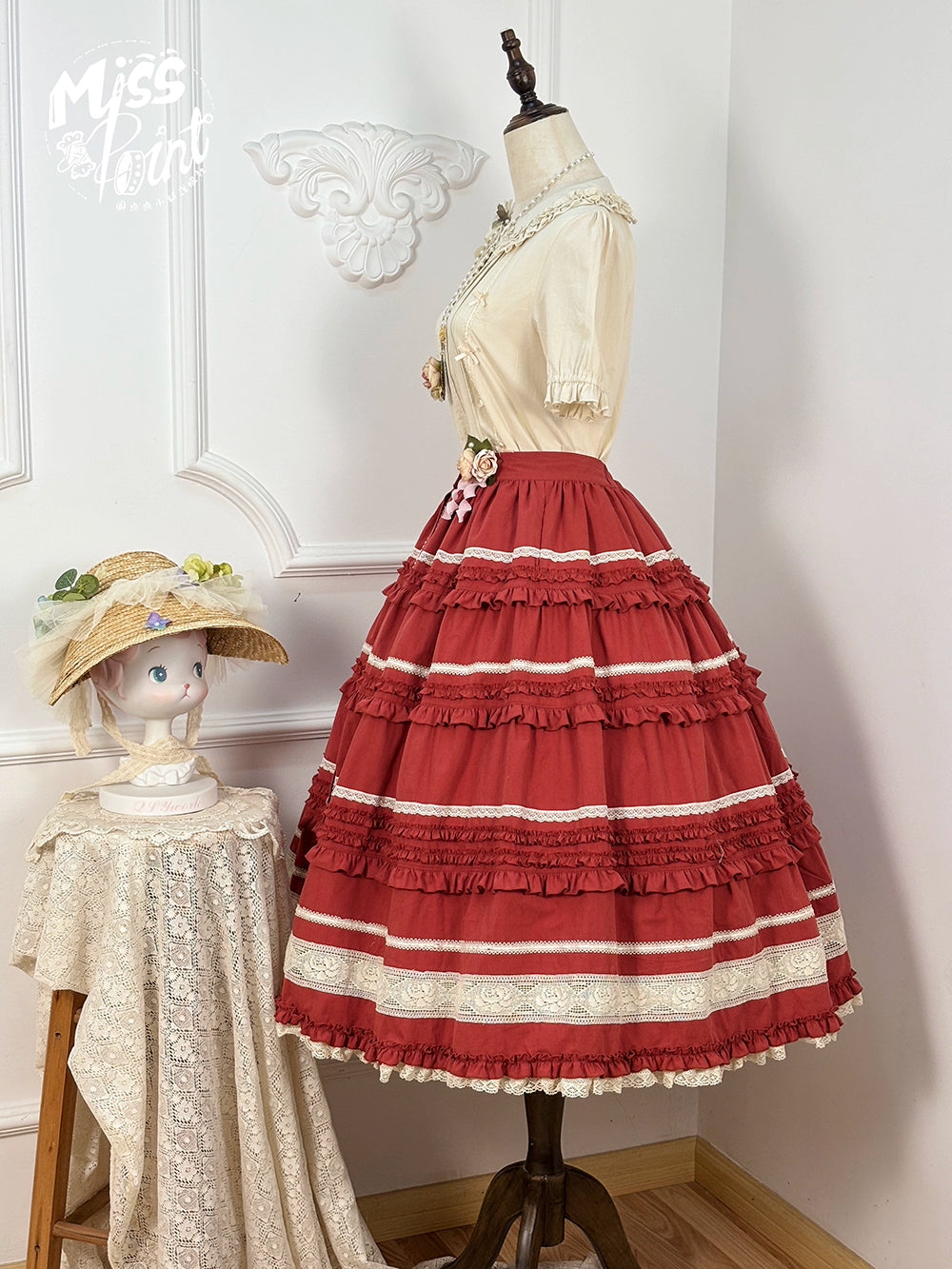 【予約販売】猫の薔薇お茶会 前開きフリルスカート 無地タイプ