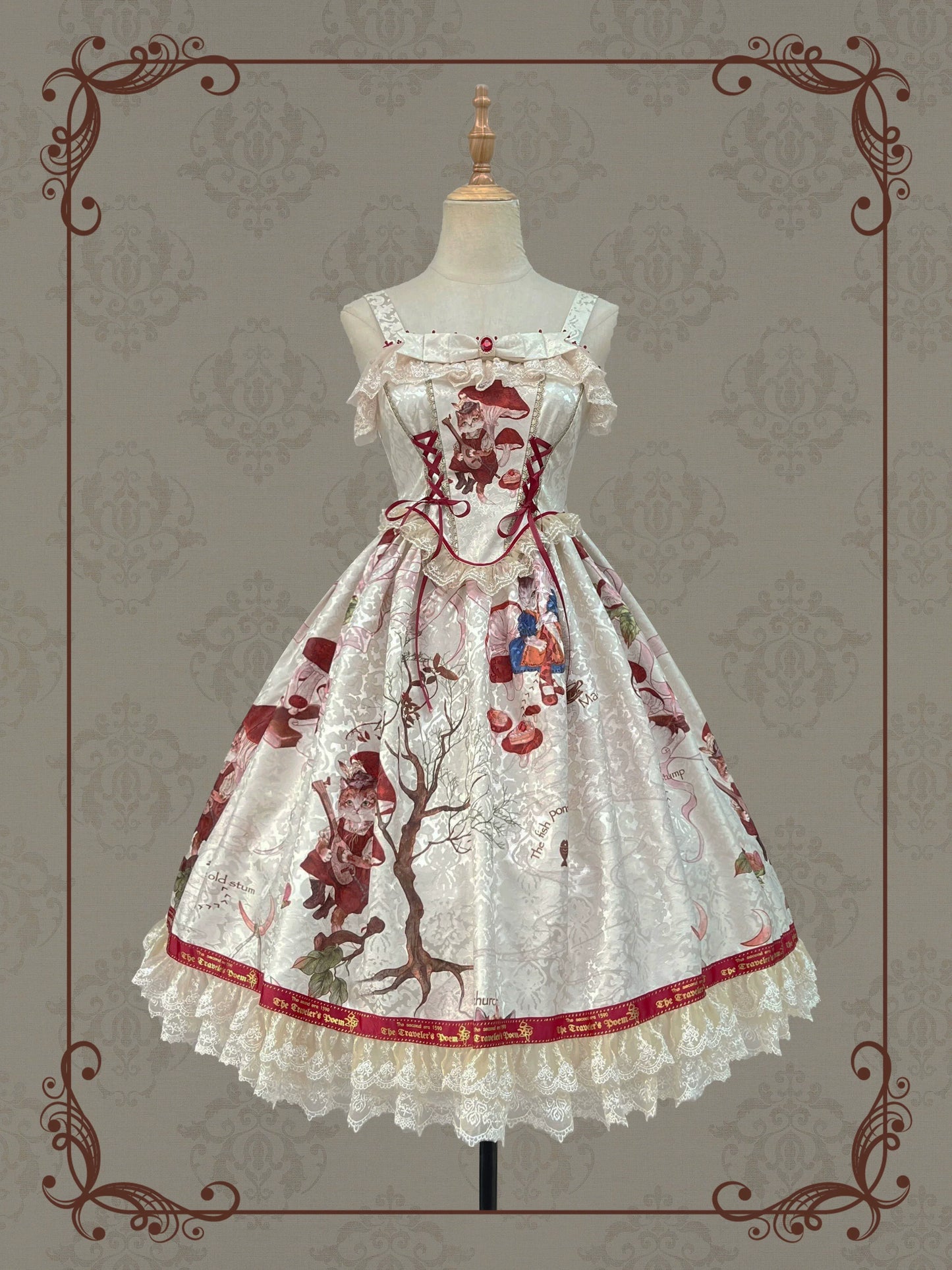 Traveling Cat アンティークプリントジャンパースカート