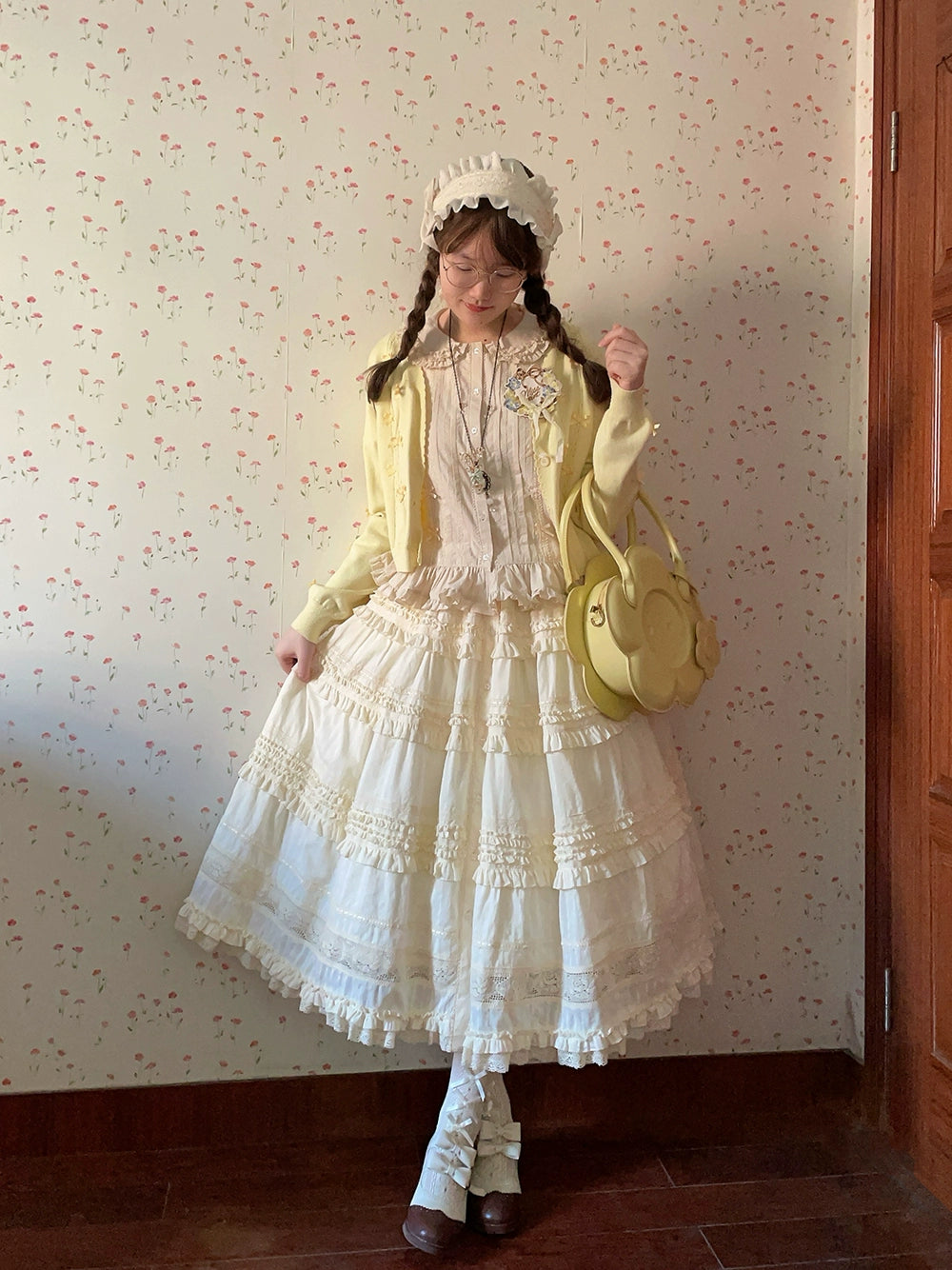 【予約販売】猫の薔薇お茶会 前開きフリルスカート 無地タイプ