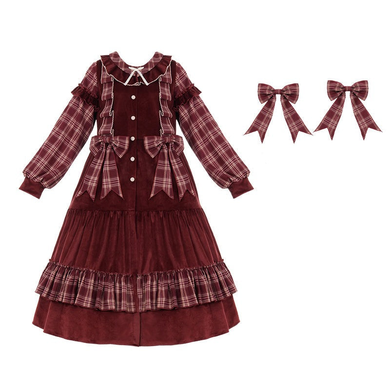 Red check and velvet layered dress