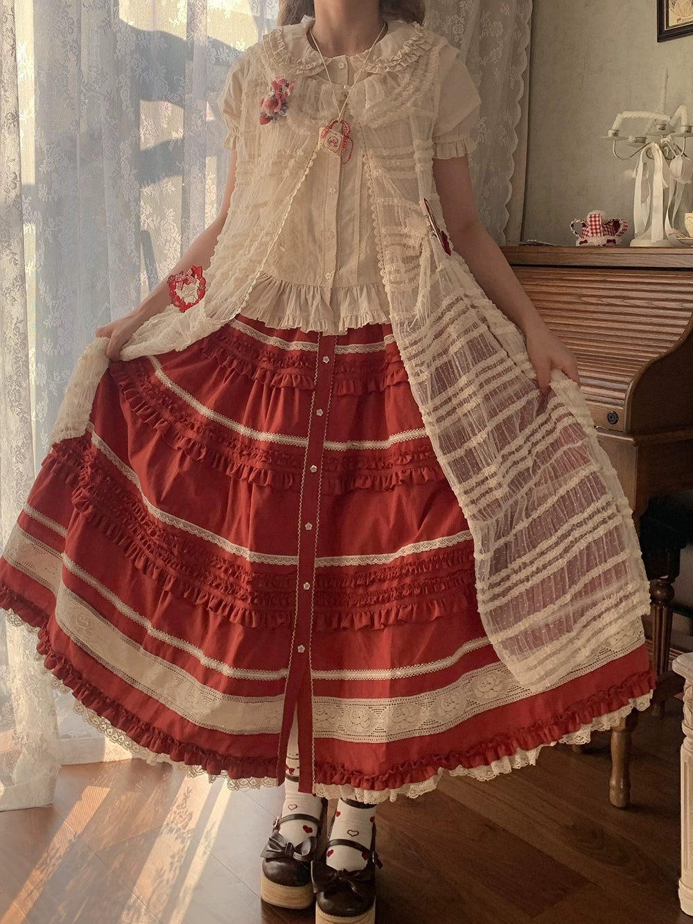 【予約販売】猫の薔薇お茶会 前開きフリルスカート 無地タイプ