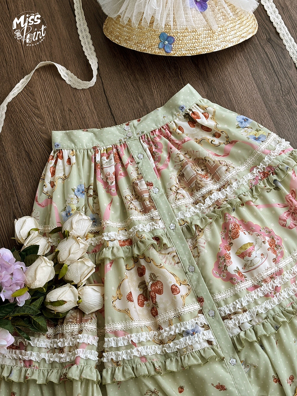 【予約販売】猫の薔薇お茶会 前開きロングスカート ラクジュアリータイプ