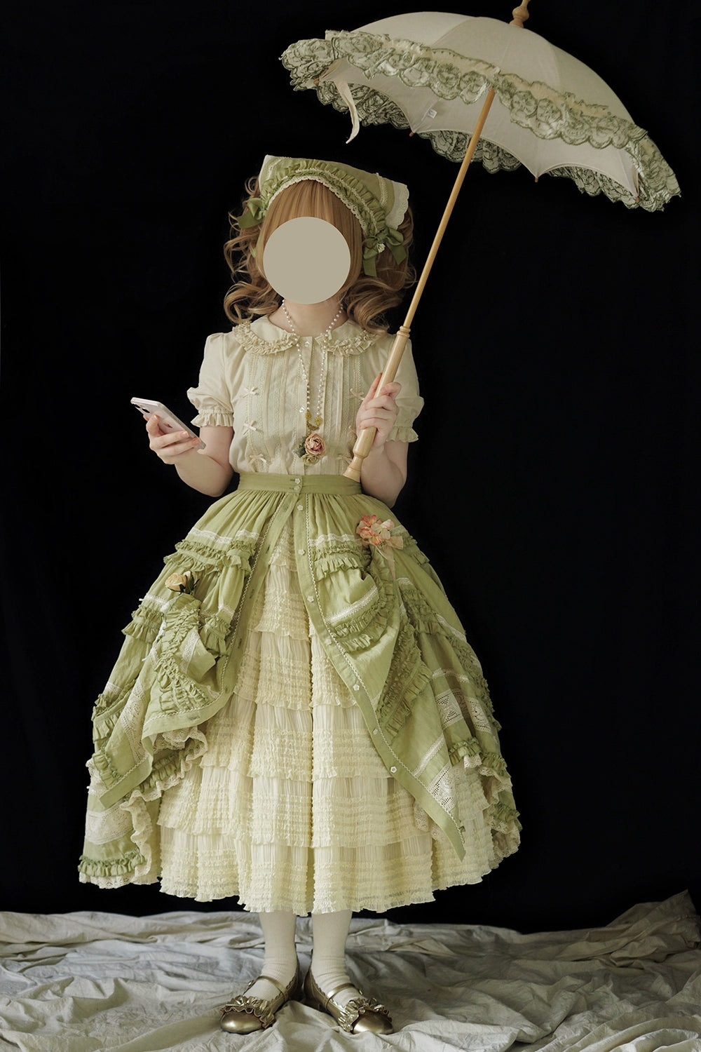 【予約販売】猫の薔薇お茶会 前開きフリルスカート 無地タイプ