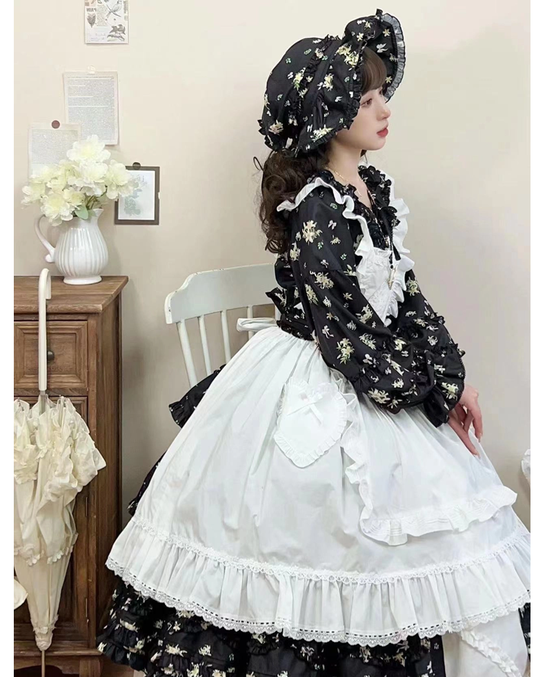 Fragments of Flowers Long Sleeve Tiered Dress - Black
