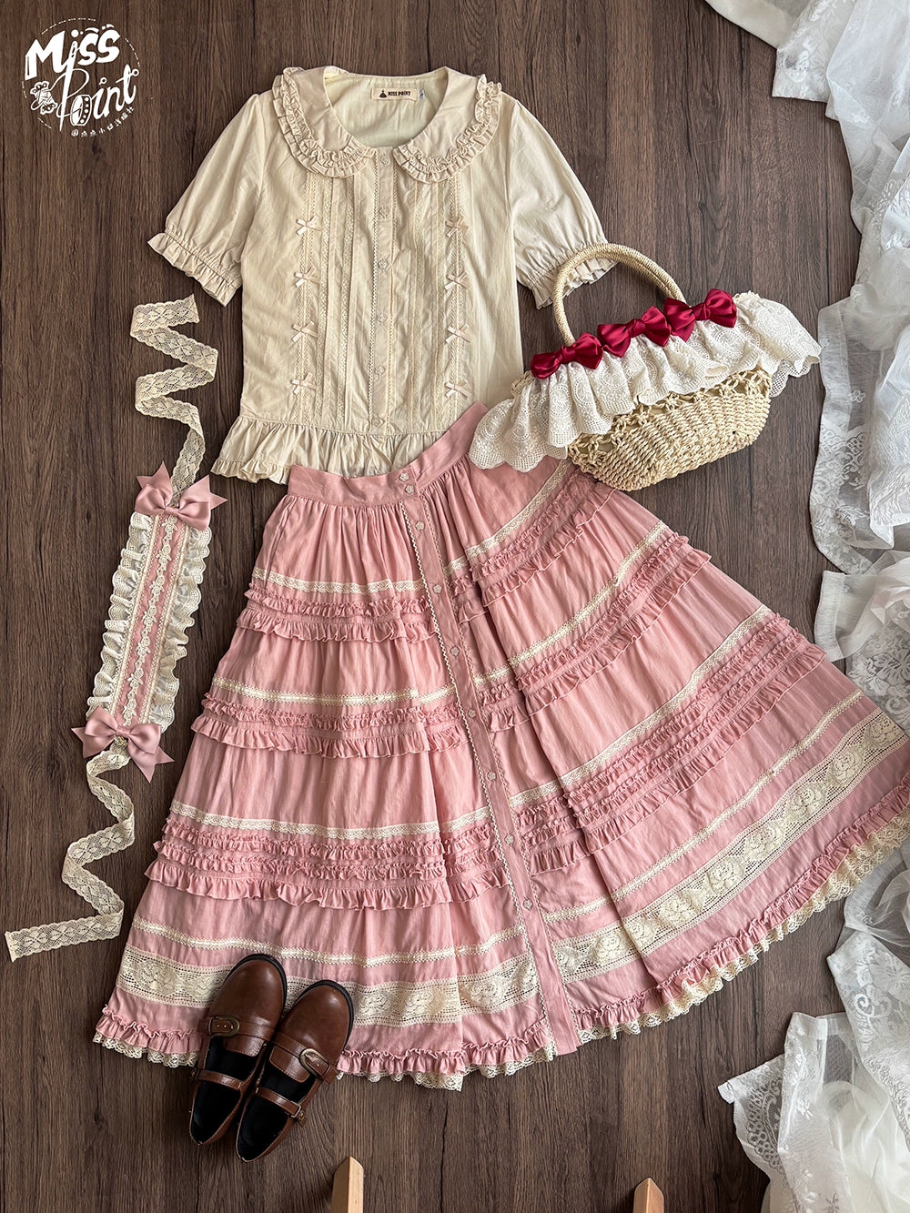 【予約販売】猫の薔薇お茶会 前開きフリルスカート 無地タイプ