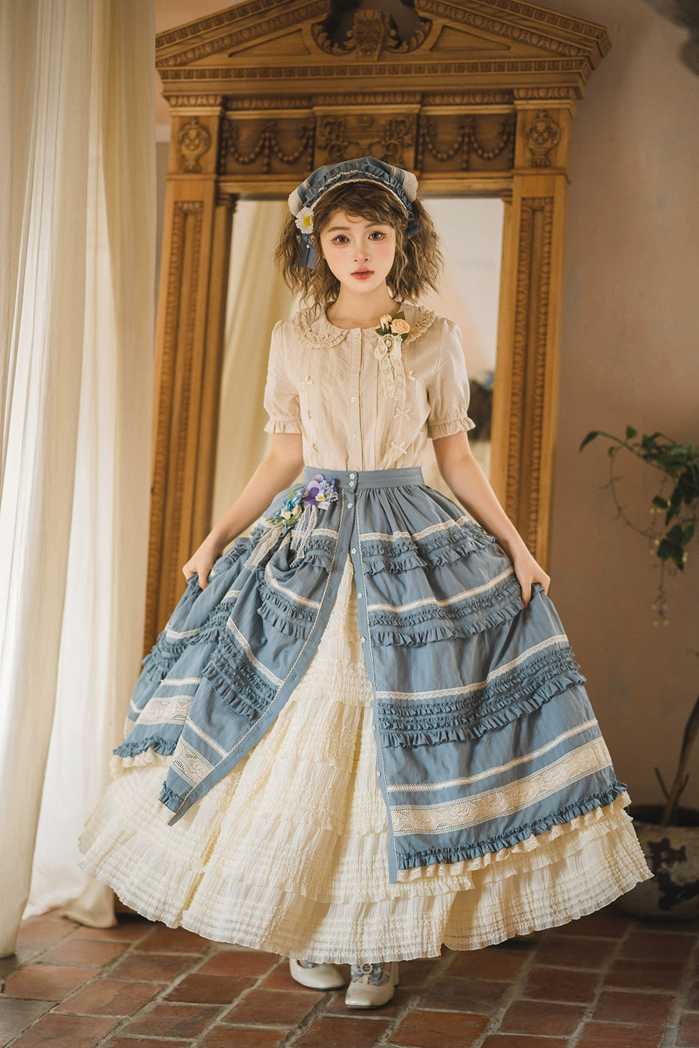 【予約販売】猫の薔薇お茶会 前開きフリルスカート 無地タイプ