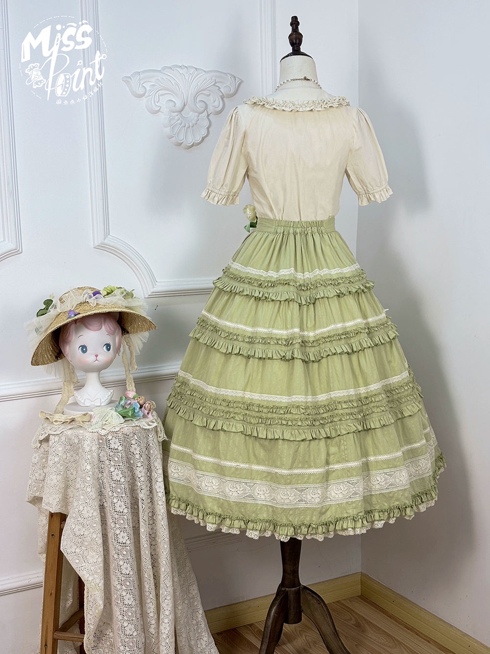 【予約販売】猫の薔薇お茶会 前開きフリルスカート 無地タイプ