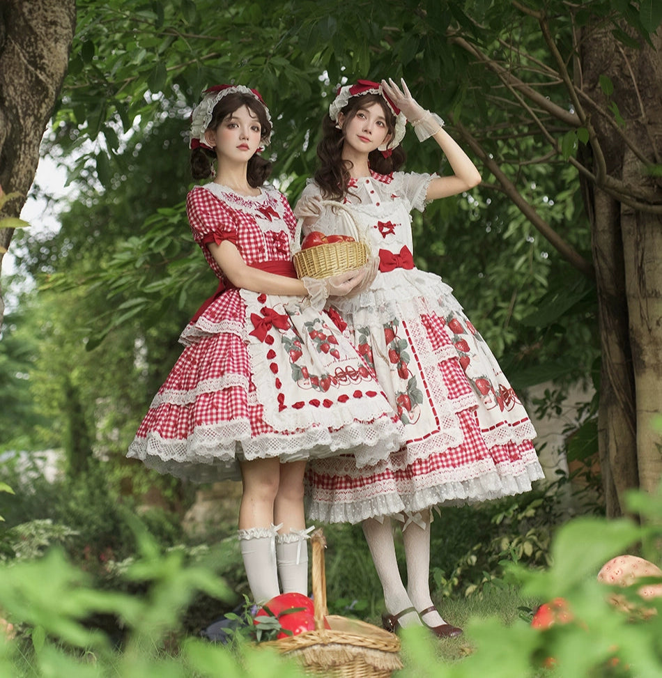 【受注予約8/18まで】Strawberry Sunshine Picnic カントリー風ワンピースとエプロン・ミドル丈