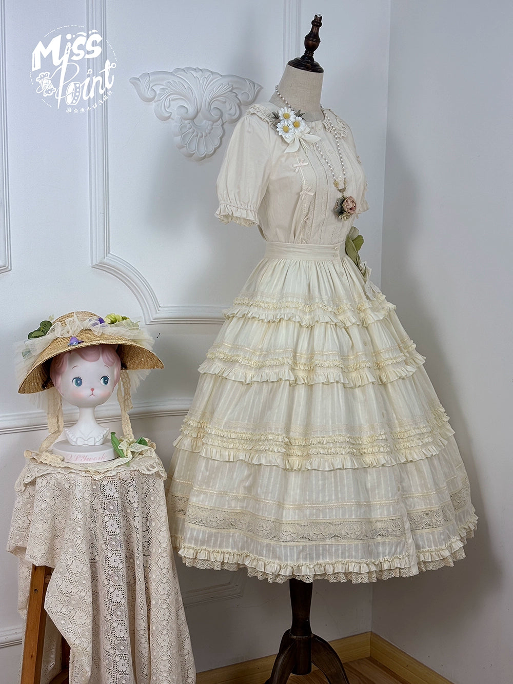 【予約販売】猫の薔薇お茶会 前開きフリルスカート 無地タイプ