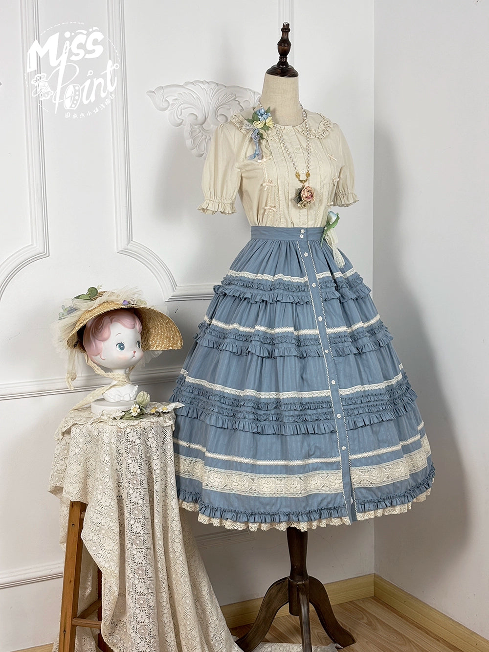 【予約販売】猫の薔薇お茶会 前開きフリルスカート 無地タイプ