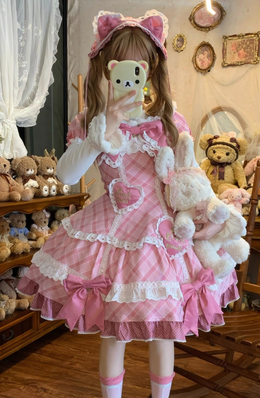 【受注予約11/13まで】Velvet Sweetie Heart チェックの半袖ワンピース・ピンク