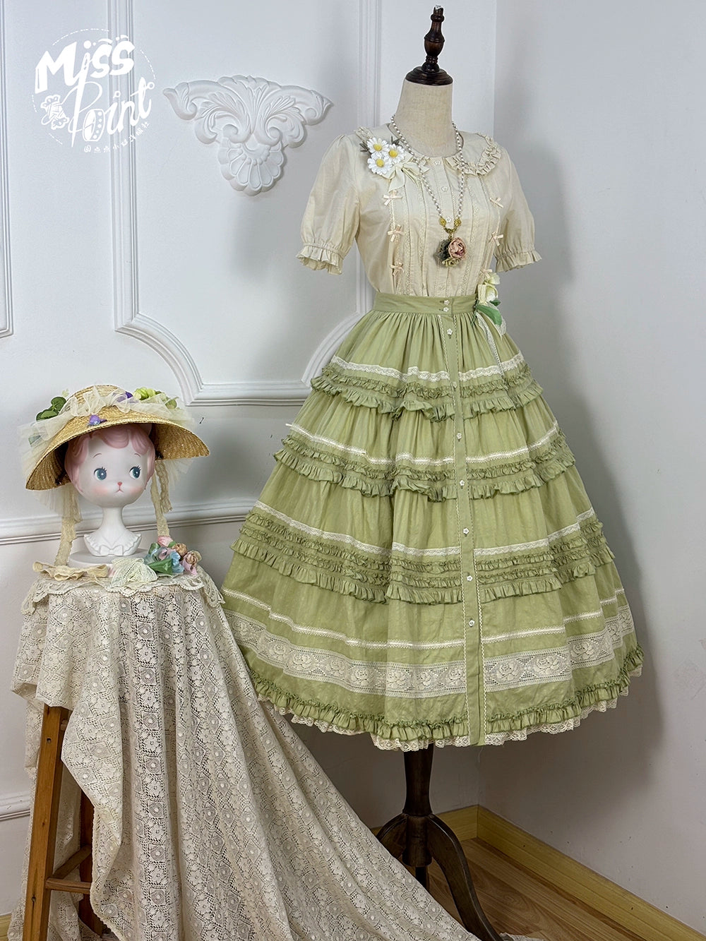 【予約販売】猫の薔薇お茶会 前開きフリルスカート 無地タイプ