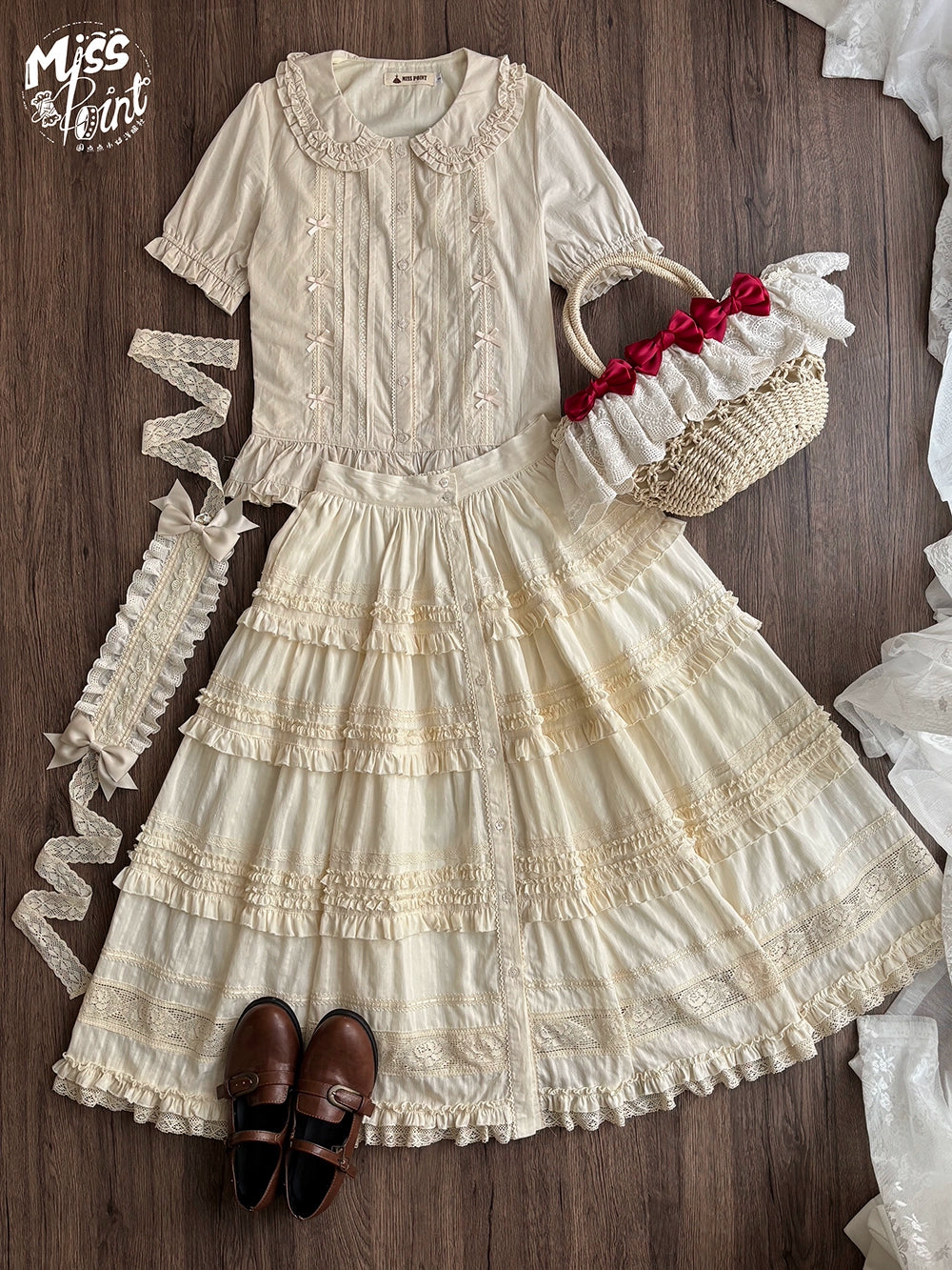 【予約販売】猫の薔薇お茶会 前開きフリルスカート 無地タイプ