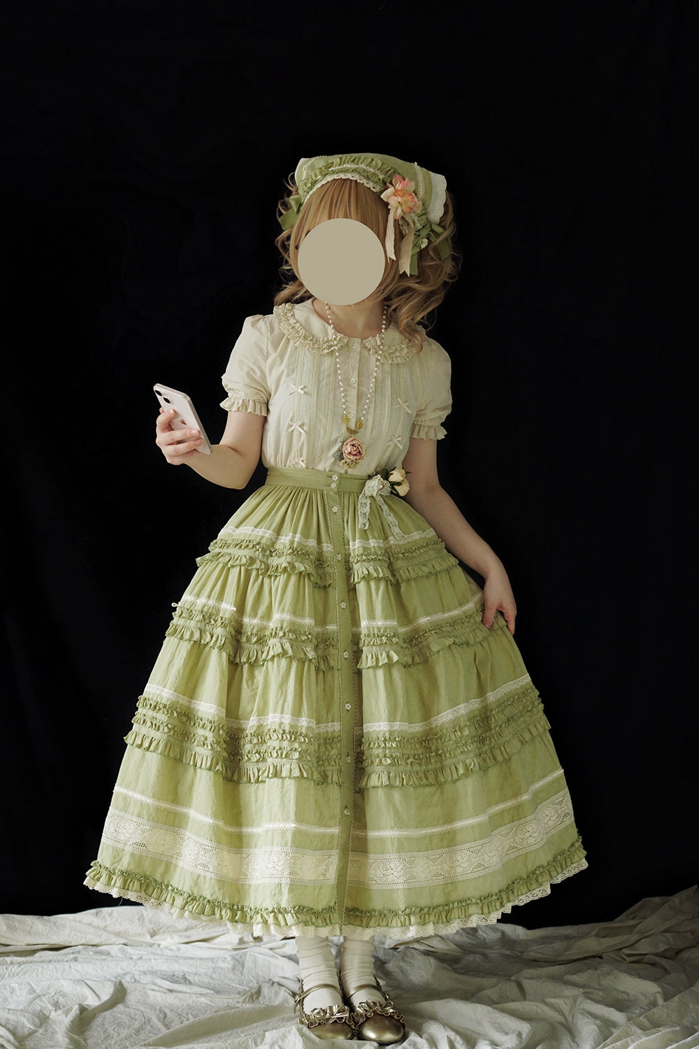 【予約販売】猫の薔薇お茶会 前開きフリルスカート 無地タイプ