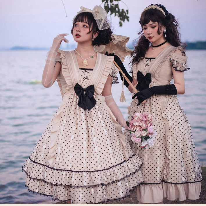 Dot and Ribbon Monotone Frill Shoulder Jumper Skirt Dot and Ribbon Monotone Frill Shoulder Jumper Skirt