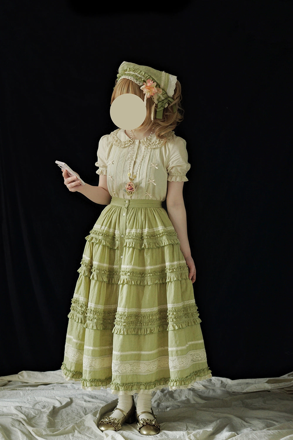 【予約販売】猫の薔薇お茶会 前開きフリルスカート 無地タイプ