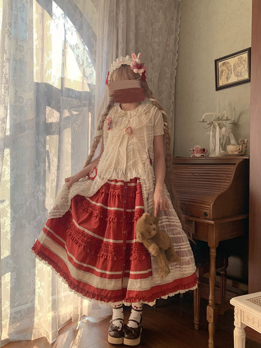 【予約販売】猫の薔薇お茶会 前開きフリルスカート 無地タイプ