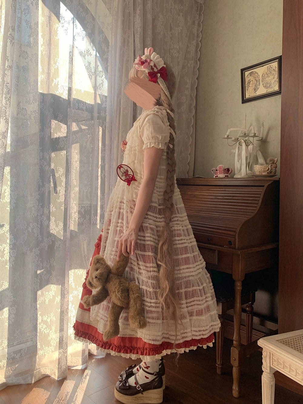 【予約販売】猫の薔薇お茶会 前開きフリルスカート 無地タイプ